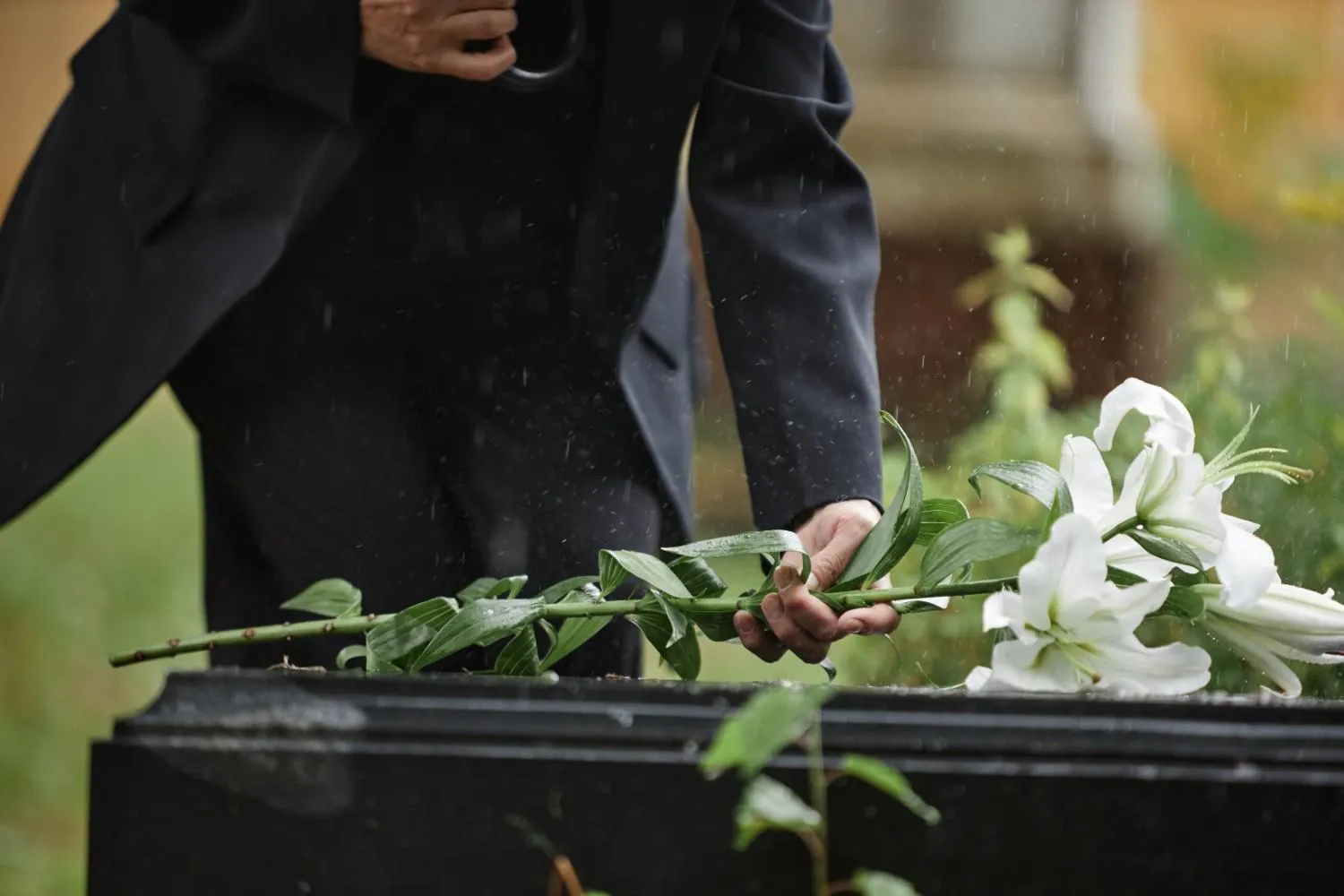 White lilies laid on a casket at a graveside service